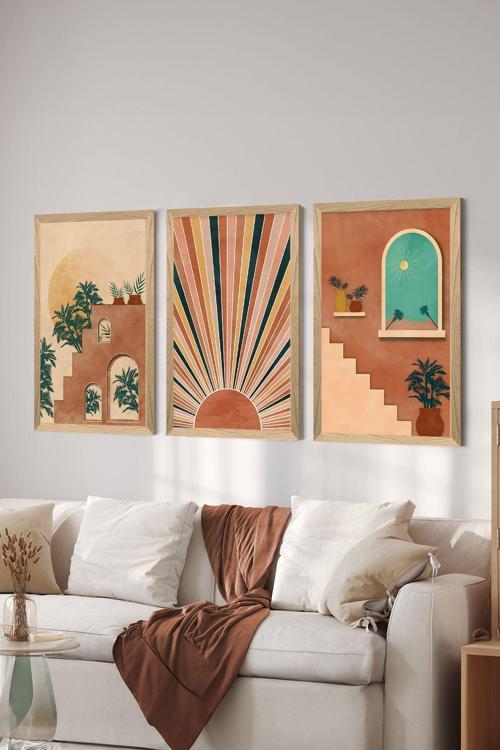 3 Parça Ahşap Çerçeve Görünümlü Mdf Poster Tablo Seti - Set 25