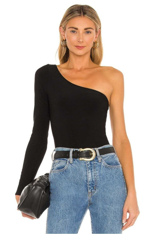 Kadın Siyah Tek Kol Ipek Jarse Bodysuit