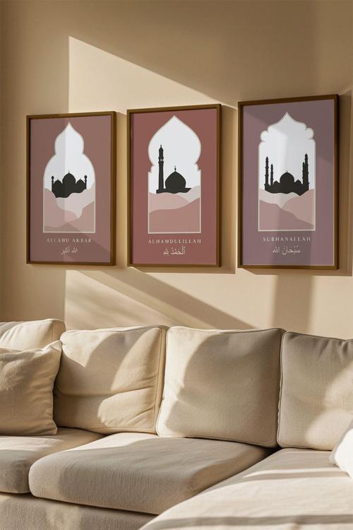 3 Parça Kahverengi Gerçek Ahşap Çerçeveli Tablo Seti - Model 24