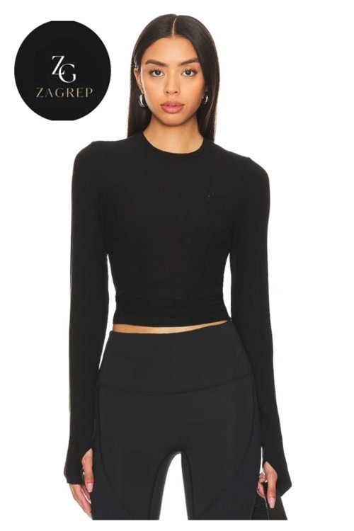 Kadın Siyah Crop Top Parmak Geçmeli Bisiklet Yaka Çift Katlı İç Göstermez İthal Jarse Crop
