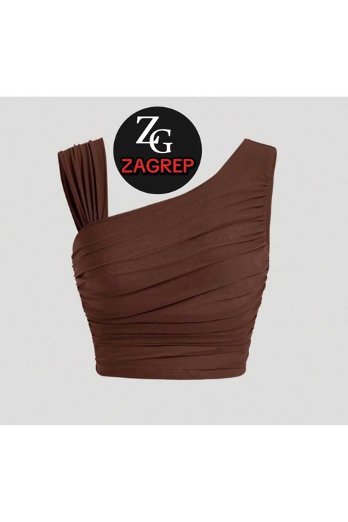 Kadın Kahve Rengi Crop Top Omuz Detaylı Drapeli Büzgülü Kollu İç Göstermez İpek Jarse Crop