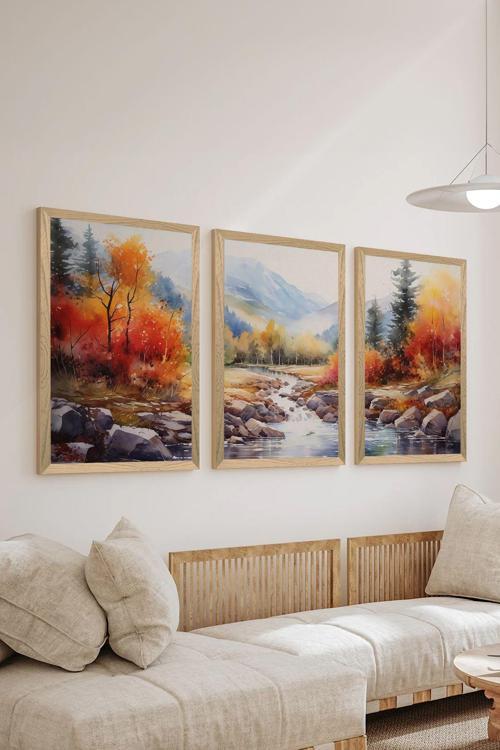 3 Parça Ahşap Çerçeve Görünümlü Mdf Tablo Seti - Ersycrvsz3Set19