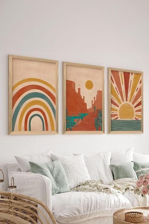 3 Parça Ahşap Çerçeve Görünümlü Mdf Poster Tablo Seti - Set 8