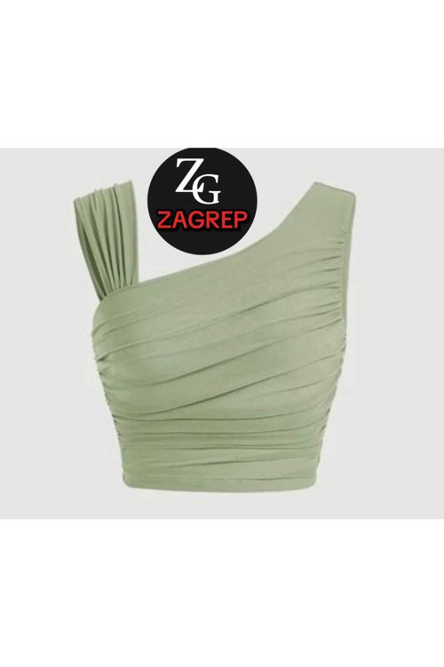 Kadın Çağla Yeşili Crop Top Omuz Detaylı Drapeli Büzgülü Kollu İç Göstermez İpek Jarse Crop