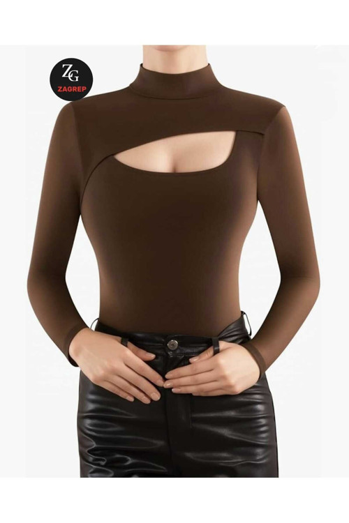 Kadın Kahve Rengi Yarım Balıkçı Yaka Çift Katlı İpek Jarse Body