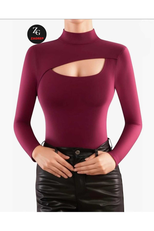 Kadın Bordo Yarım Balıkçı Yaka Pencereli Çift Katlı İpek Jarse Body