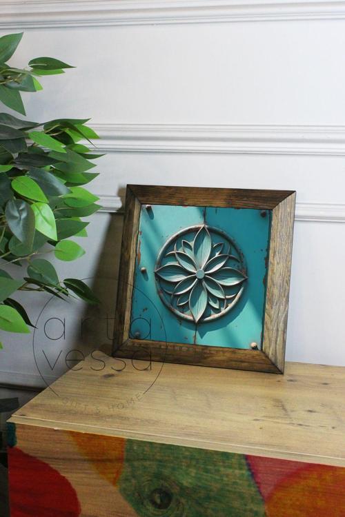 Masif Ahşap Çerçeveli Taş Tablo Pano 16 X 16 Cm - Yaşam Çiçeği 1