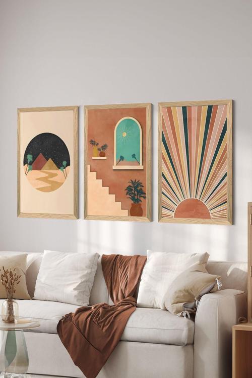 3 Parça Ahşap Çerçeve Görünümlü Mdf Poster Tablo Seti - Set 5