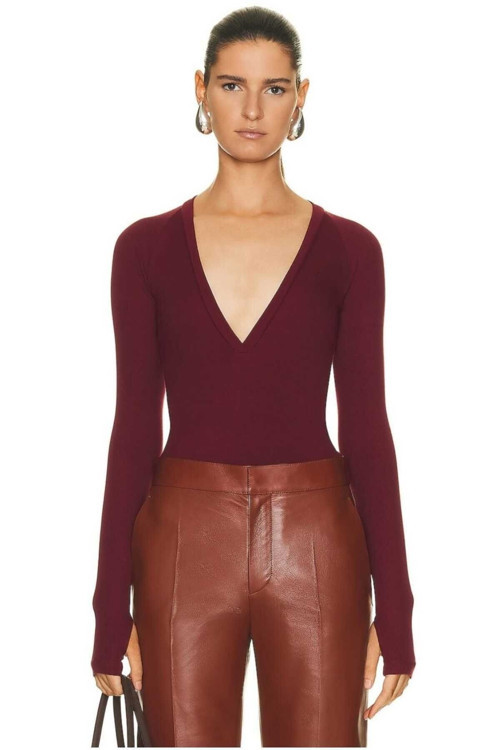 Kadın Bordo Parmak Geçmeli Patlı V Yaka İpek Jarse Bodysuit