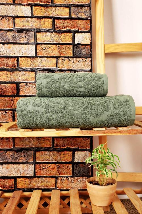 2 Parça Jakarlı Banyo Havlu Takımı Doku Desen