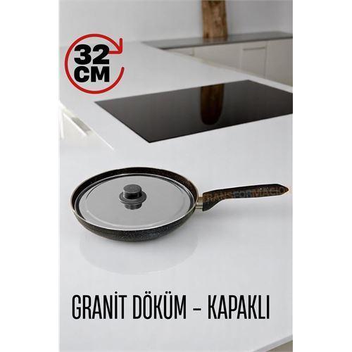 Granit Döküm Tava Paslanmaz Çelik Kapaklı -Yapışmaz Taban 32 Cm