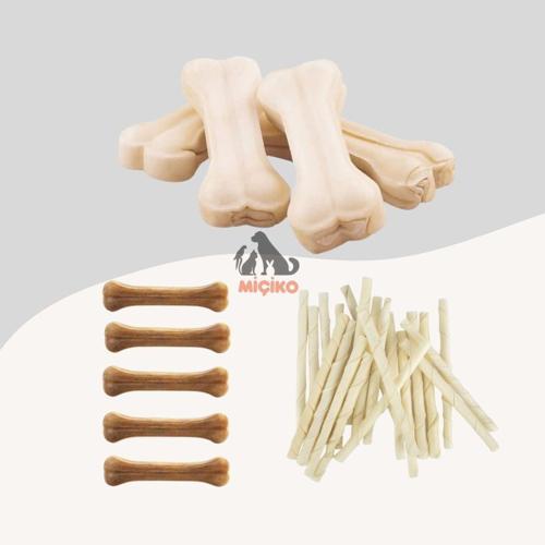 Köpekler İçin Ödül Seti10 (5li 7cm Beyaz ve 5li 7cm Naturel Kemik+25li Burgu Çubuk )