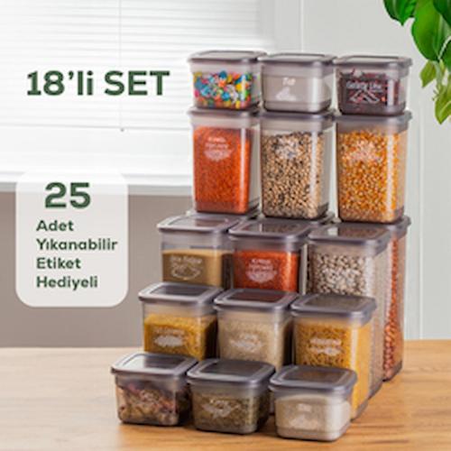 Porsima 433-GR-6 Kare Etiketli Erzak Baharat Saklama Kabı 18 Li