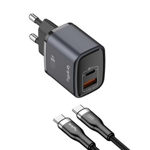 GAN 35W 2 Portlu USB-A Type-C PD Şarj Aleti Siyah+Type-C to Type-C Şarj Kablosu (GC-U35CC)