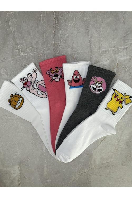 6'Lı Pikachu Garfield Neşeli Çizgi Karakter Seti Unisex Kokulu Tenis Kolej Çorap