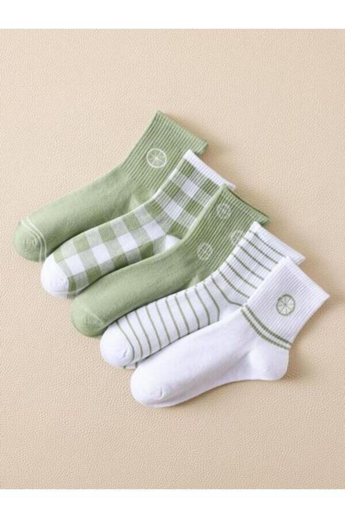 5'Li Ekonomik Paket Yeşil Limon Desenli Unisex Kokulu Tenis Kolej Çorap Seti