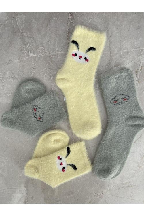 2'Li Peluş Kışlık Yumuşak Yünlü Kokulu Sarı-Yeşil Uyku Çorabı