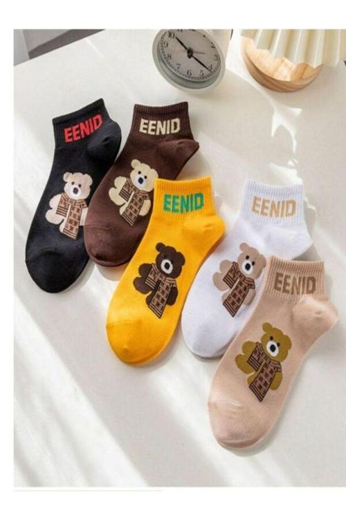 5'Li Teddy Bear Ayıcıklı Renkli Patik Ekonomik Paket Unisex Kısa Spor Sneakers Çorap