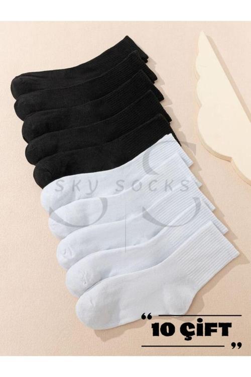 10'Lu Ekonomik Paket Siyah-Beyaz Düz Unisex Tenis Çorap Seti