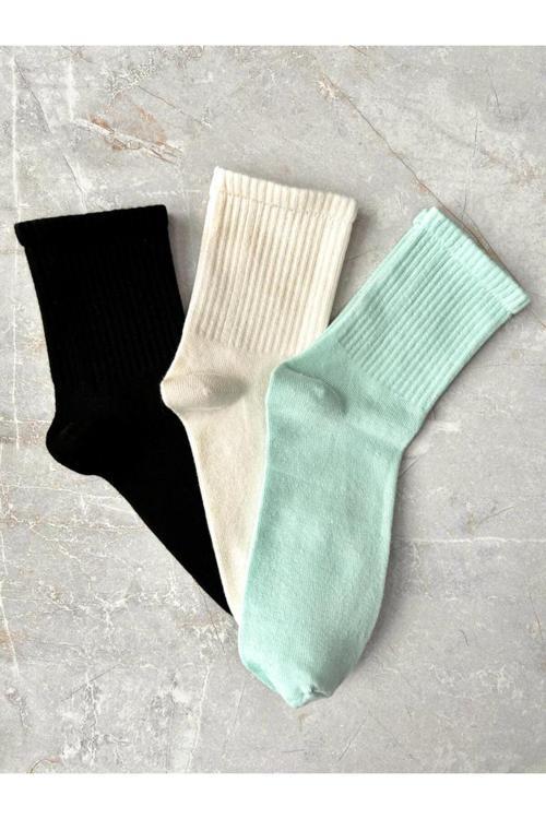 3'Lü Tenis Pamuklu Siyah-Ekru-Yeşil Renkli Unisex Kokulu Kolej Çorap Seti