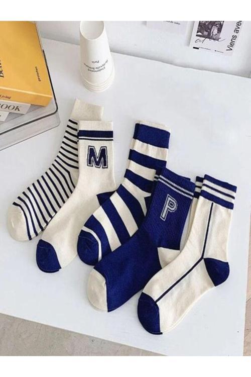 5'Li Ekonomik Paket Mavi Çizgili Desenli Unisex Kokulu Soket Çorap Seti