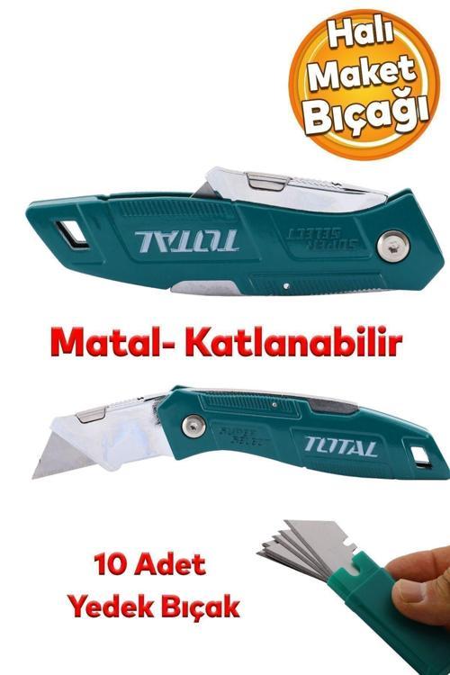 Halı Kesme Maket Bıçağı Falçata Çok Amaçlı Katlanabilir 10 Adet Yedek Bıçaklar Alçıpan Kesim T