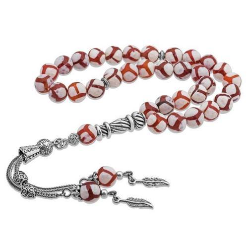 Doğaltaş Metal Püsküllü Çizgili Akik Taşı Tesbih SL2351