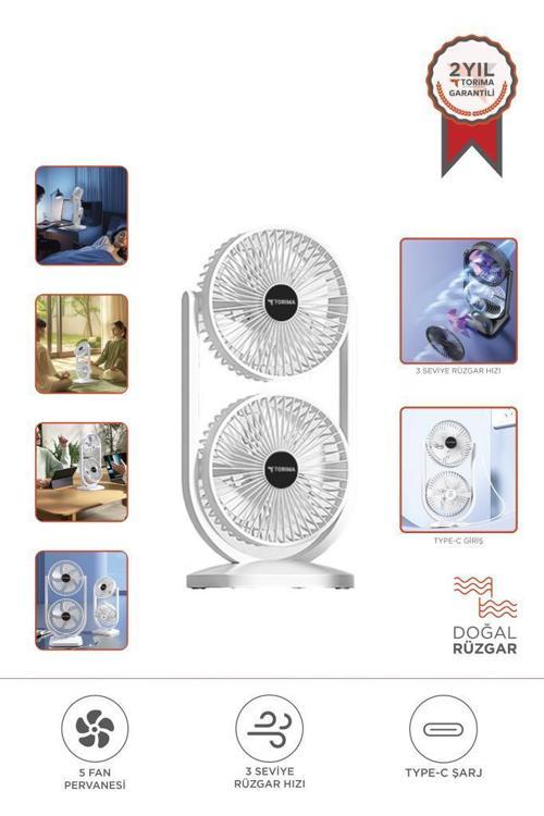 F-22 Beyaz Mini Fan | Taşınabilir Çift Başlıklı Sessiz Vantilatör | Type-C Girişli, 3 Kademeli Hız Ayarı