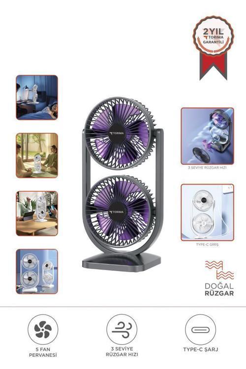 F-22 Siyah Mini Fan | Taşınabilir Çift Başlıklı Sessiz Vantilatör | Type-C Girişli, 3 Kademeli Hız Ayarı