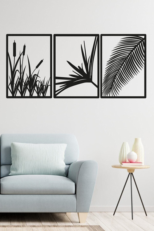 Tvs 3'Lü Lazer Kesim Dekoratif Ahşap Sazlık Tablo Dekoru Süsü 35x90 cm