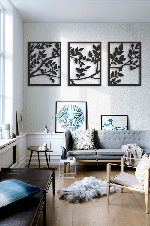 Üçlü Dal Ve Yaprak Desenli Ahşap Dekoratif Duvar Tablosu 40x90 cm