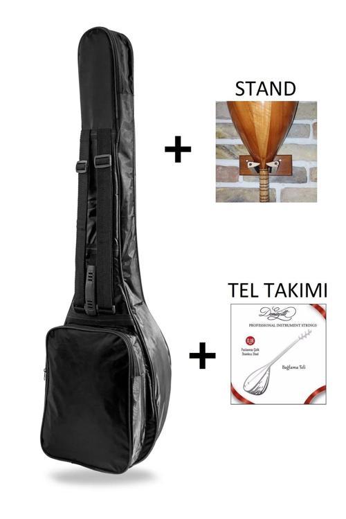 Profesyonel 10 Mm Pedli Soft Case Uzun Sap Bağlama Saz Kılıfı Siyah + Tel Takımı + Duvar Askı Standı