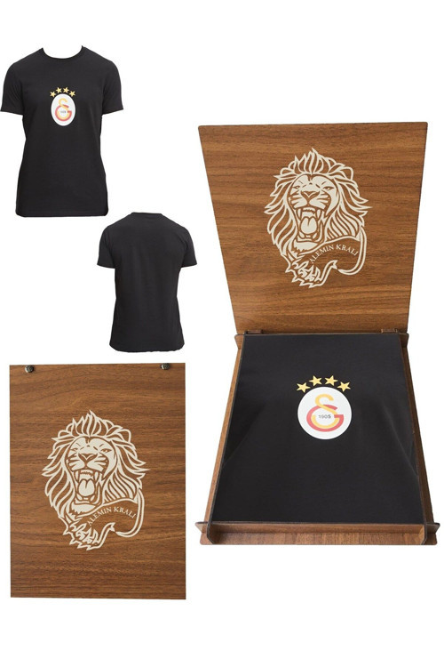 Lisanslı Logolu Siyah T-Shirt Aslan Ahşap Kutulu