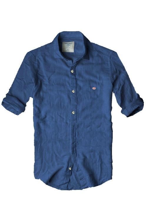 Slim Fit Italyan Kesim Gerçek Keten Gömlek-- Mavisax--