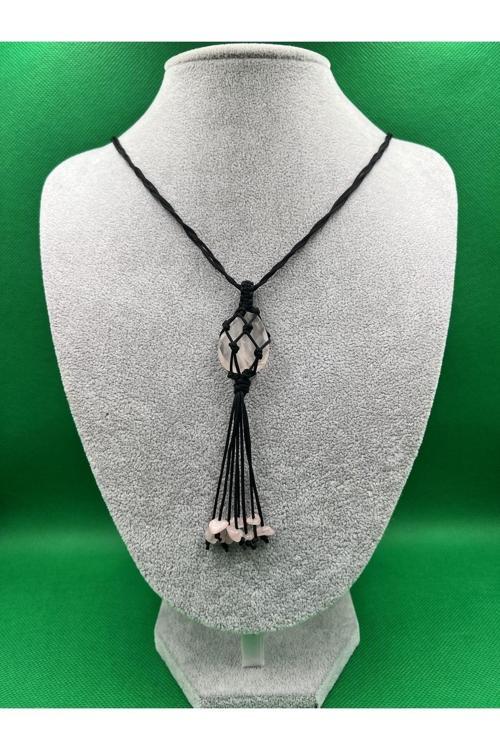 Pembe Kuvars Doğal Taş Tasarım Kolye