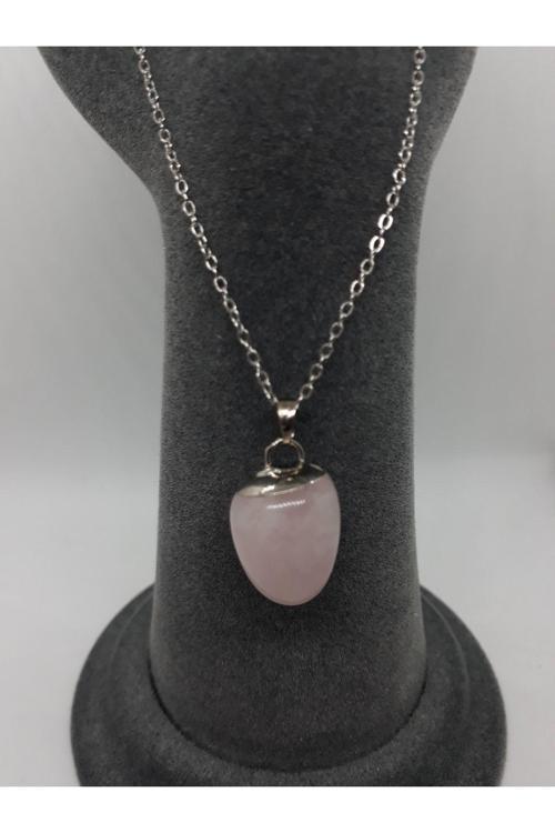 Pembe Kuvars Taşı Doğal Taş Kolye (Zincir ve İp Dahil)