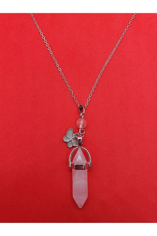 Pembe Kuvars Taşı Pandül Kelebek Kolye Doğal Taş Özel Tasarım Model