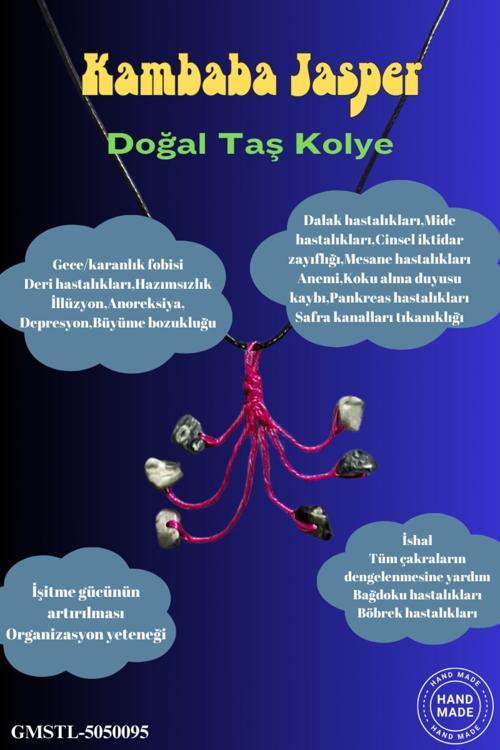 Sertifikalı Orijinal Doğal Taş Kambaba Jasper Taşı El Yapımı Bakır Tel Sarma Kolye