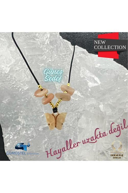Sertifikalı Orijinal Güneş & Sedef Doğal Taş Kolye Kelebek Detaylı Asansörlü Kilit Sistemi