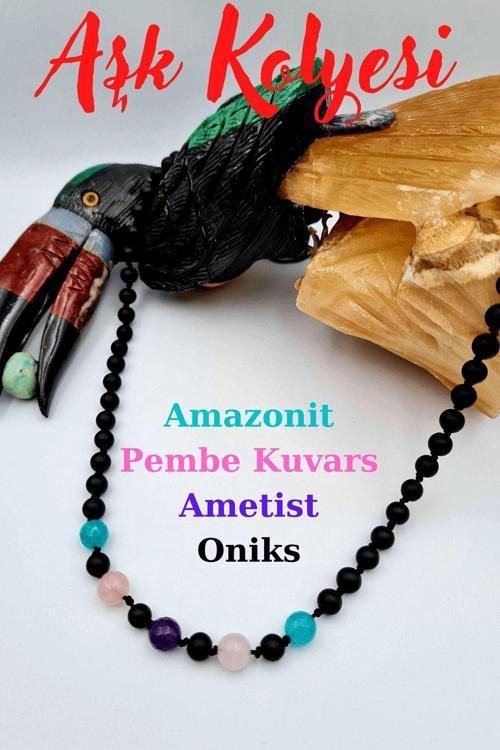 Aşk Kolyesi Doğal Taş Amazonit Pembe Kuvars Ametist Oniks