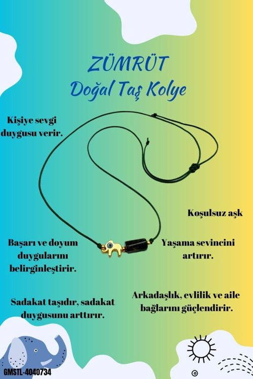 Zümrüt Doğal Taş Kolye Fil Obje Detaylı Makrome Kilit Sistemi El İşçiliği
