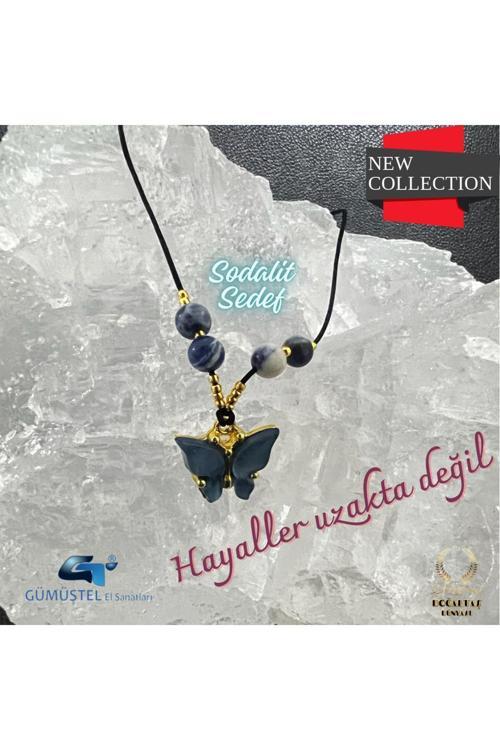 Sertifikalı Sodalit & Sedef Doğal Taş Kolye Kelebek Detaylı Asansörlü Kilit Sistemi