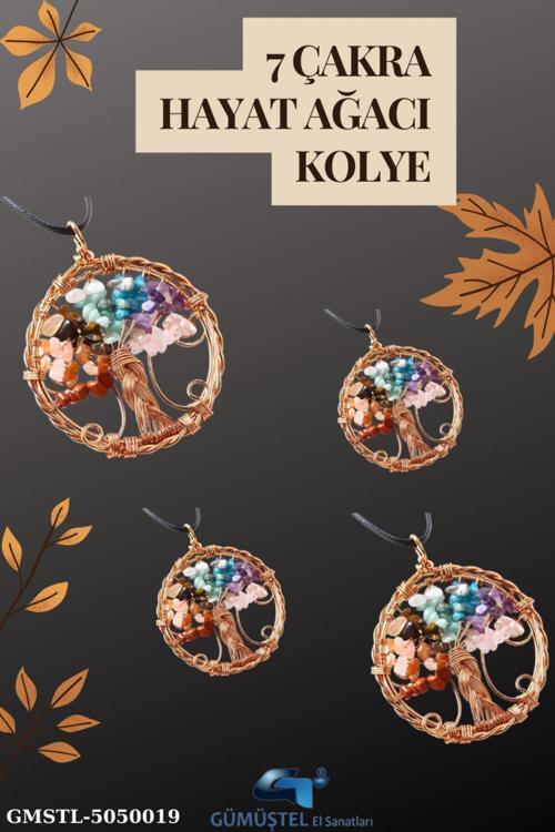 Sertifikalı Doğal Taş 7 Çakra Hayat Ağacı Tasarım Kolye Sürpriz Hediyeli 5x5 Cm
