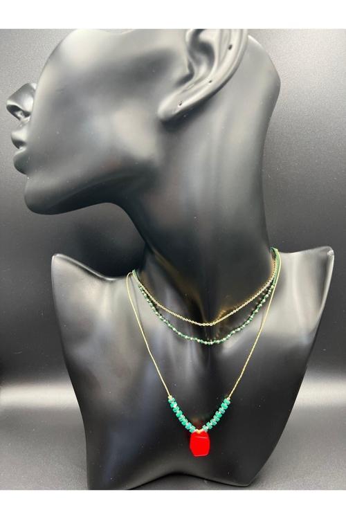 Sertifikalı Doğal Taş Malahit & Mercan Taşı Kolye Tasarım Kararmaz Malzeme Sürpriz Hediyeli