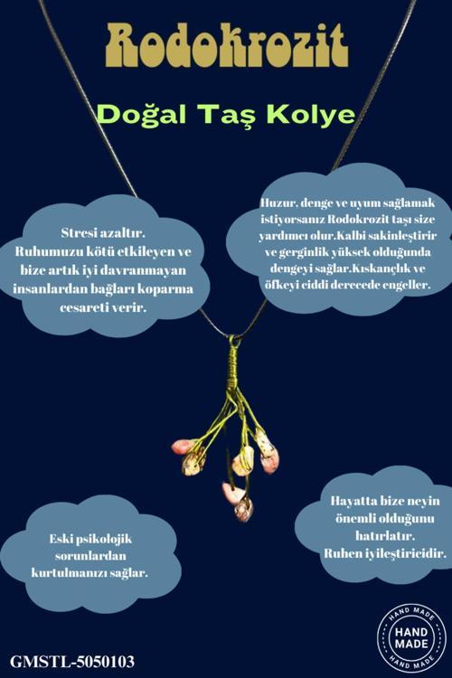 Sertifikalı Doğal Taş Rodokrozit Taşı El Yapımı Bakır Tel Sarma Kolye