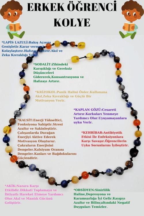 Sertifikalı Erkek Öğrenci Kolyesi Lapis Lazuli Kehribar Sodalit Kalsit K Gözü Krizokol Akik Obsidyen