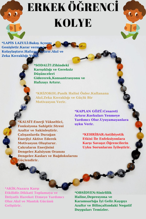 Sertifikalı Erkek Öğrenci Kolyesi Lapis Lazuli Kehribar Sodalit Kalsit K Gözü Krizokol Akik Obsidyen