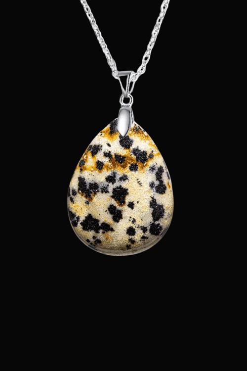 Sertifikalı Jasper Dalmaçyalı Doğal Taş Kolye Damla Kesim