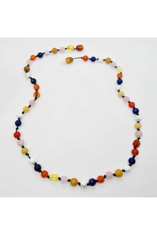 Sertifikalı Kız Öğrenci Kolyesi Kehribar Pembe Kuvars Kalsit Havlit Lapis Lazuli Akik