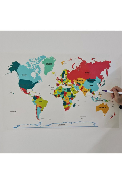 İngilizce Renkli Dünya Haritası 100X56Cm Uv Baskı Statik Kağıt